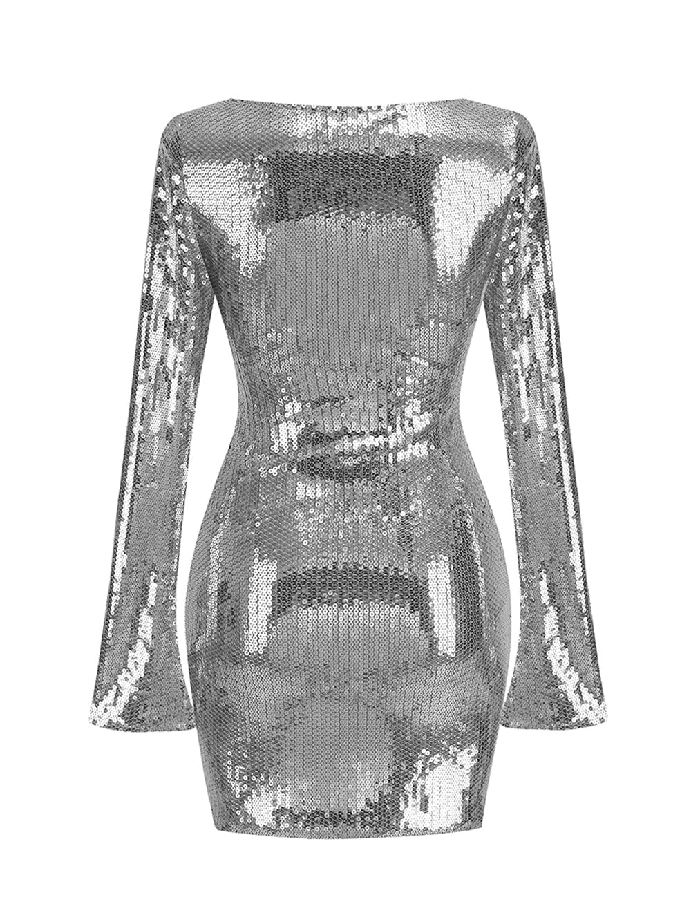 Silver Plunge Neck Sequin Long Sleeve Bodycon Mini Dress