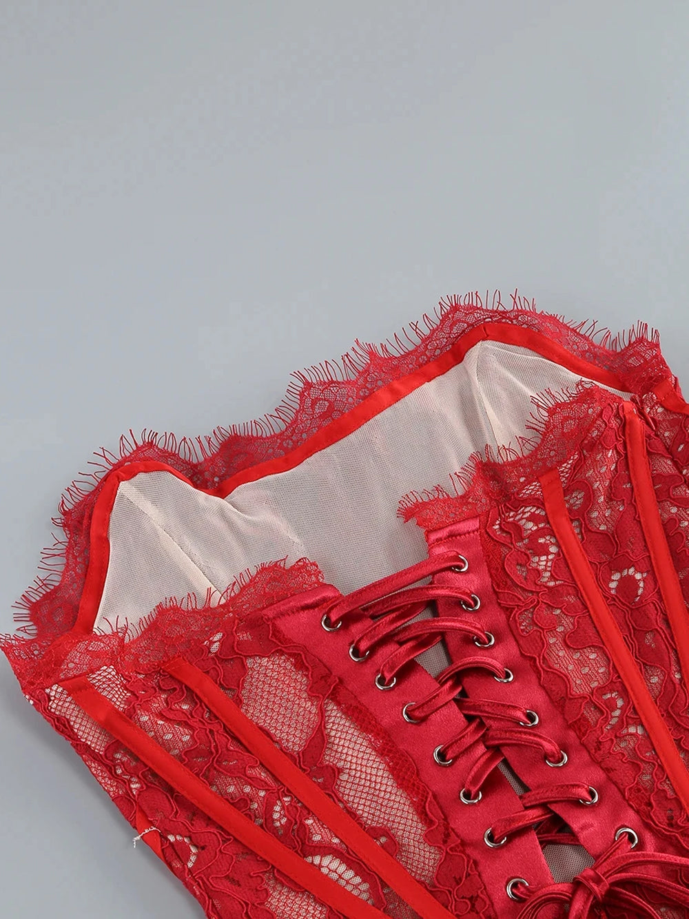 Red Strapless Eyelash Lace Corset Ruched Bodycon Mini Dress 15