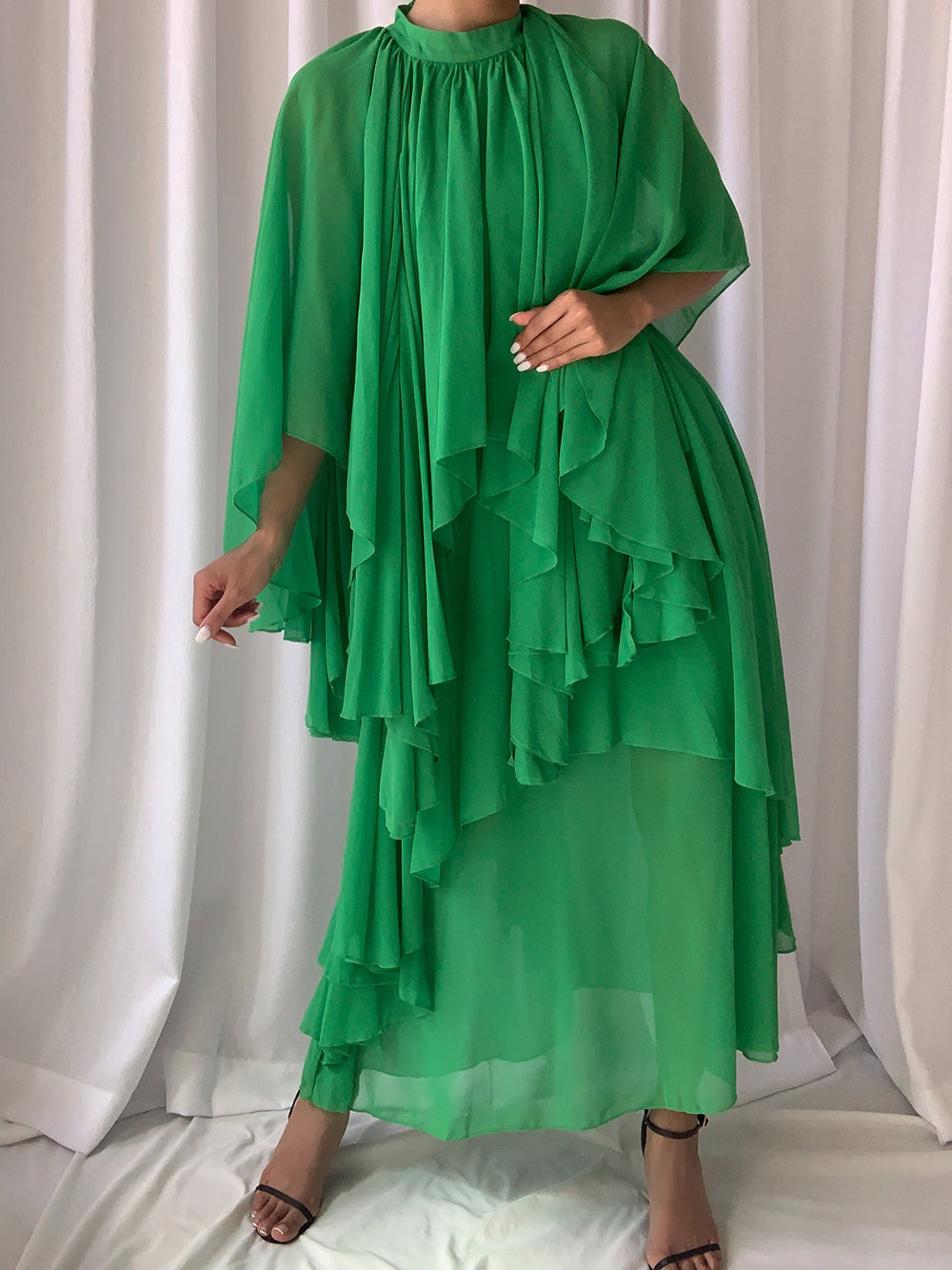 Green Mock Neck Cape Sleeve Tiered Ruffle Chiffon Maxi Dress