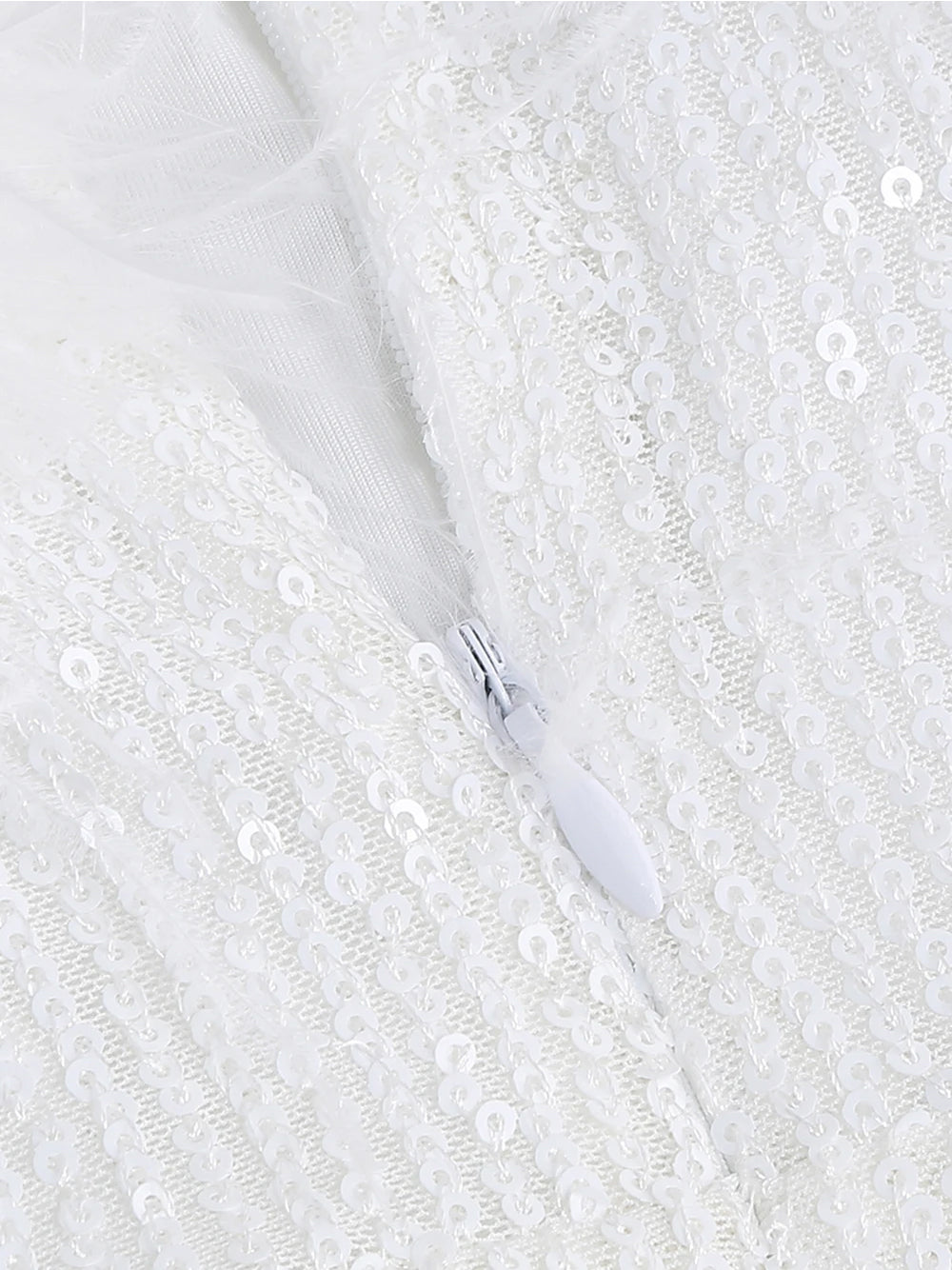 White Strapless Feather Trim Sequin High Slit Bodycon Maxi Dress 8
