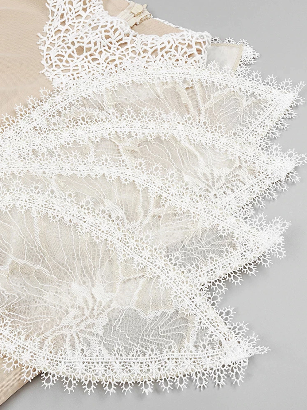 Beige High Neck Floral Lace Ruffle Illusion Mesh Mini Dress