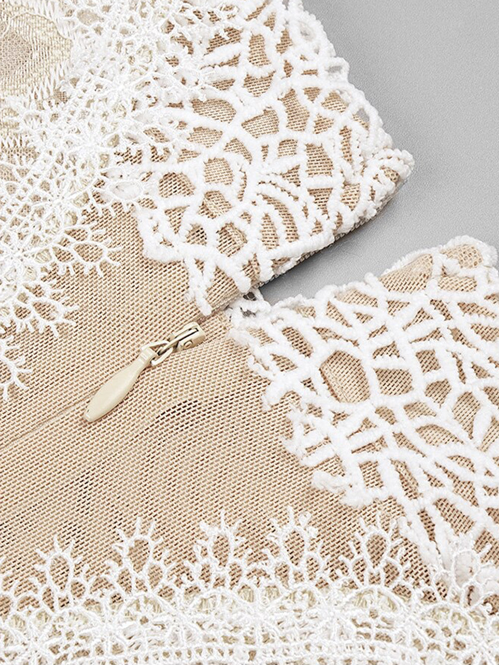 Beige High Neck Floral Lace Ruffle Illusion Mesh Mini Dress