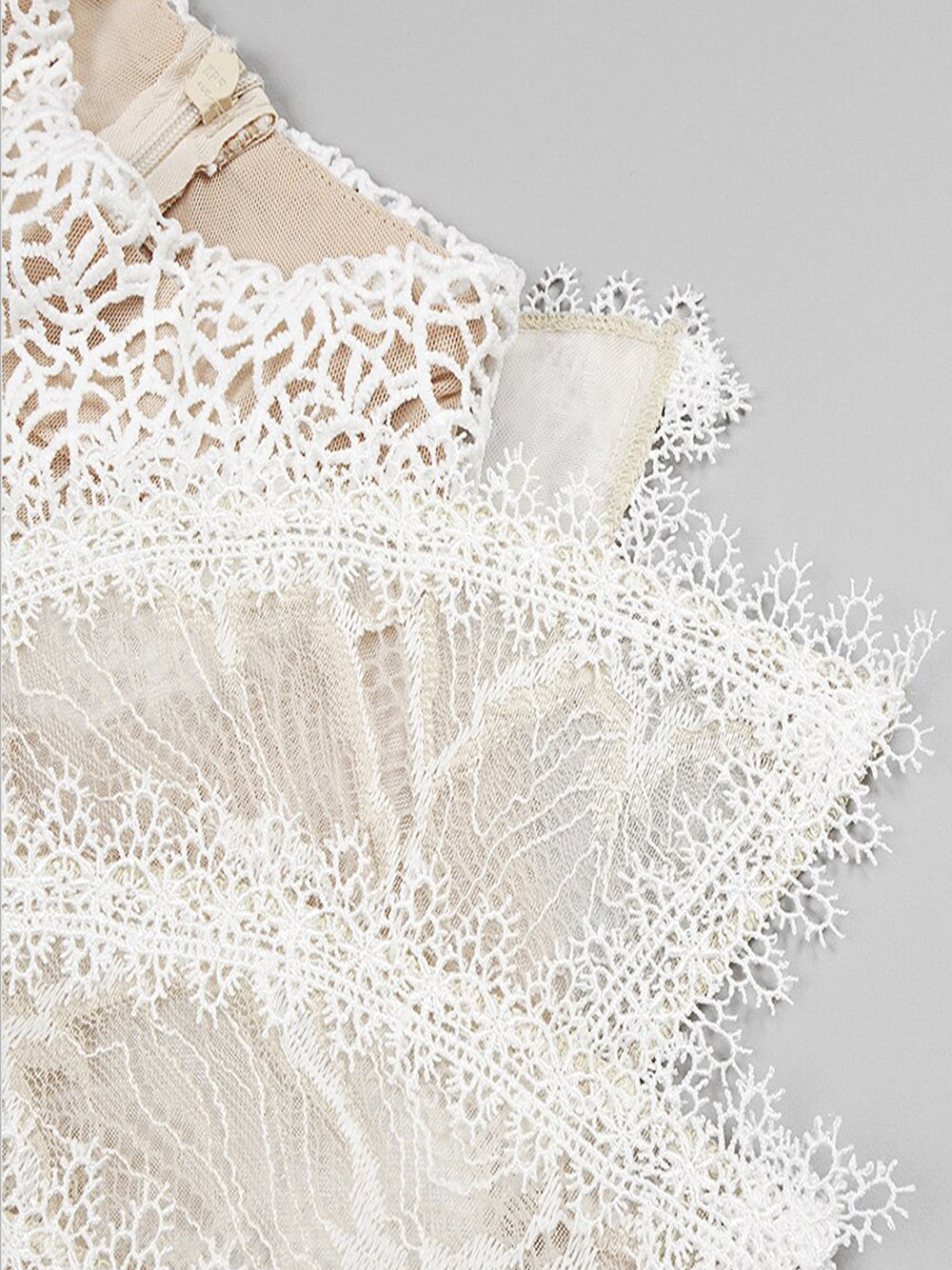 Beige High Neck Floral Lace Ruffle Illusion Mesh Mini Dress