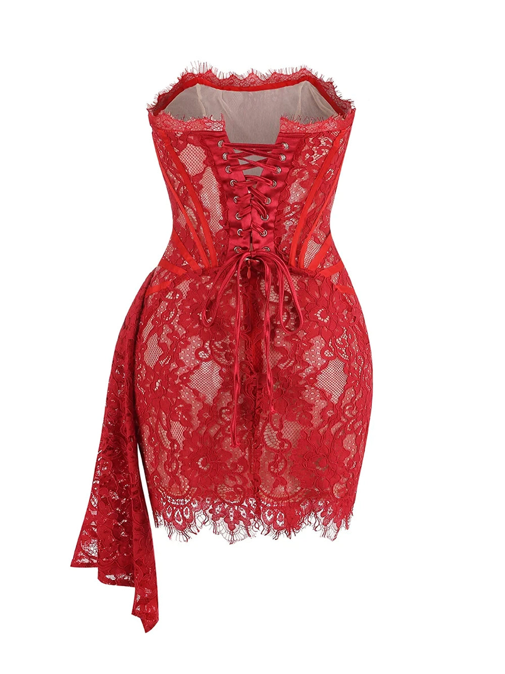 Red Strapless Eyelash Lace Corset Ruched Bodycon Mini Dress 6