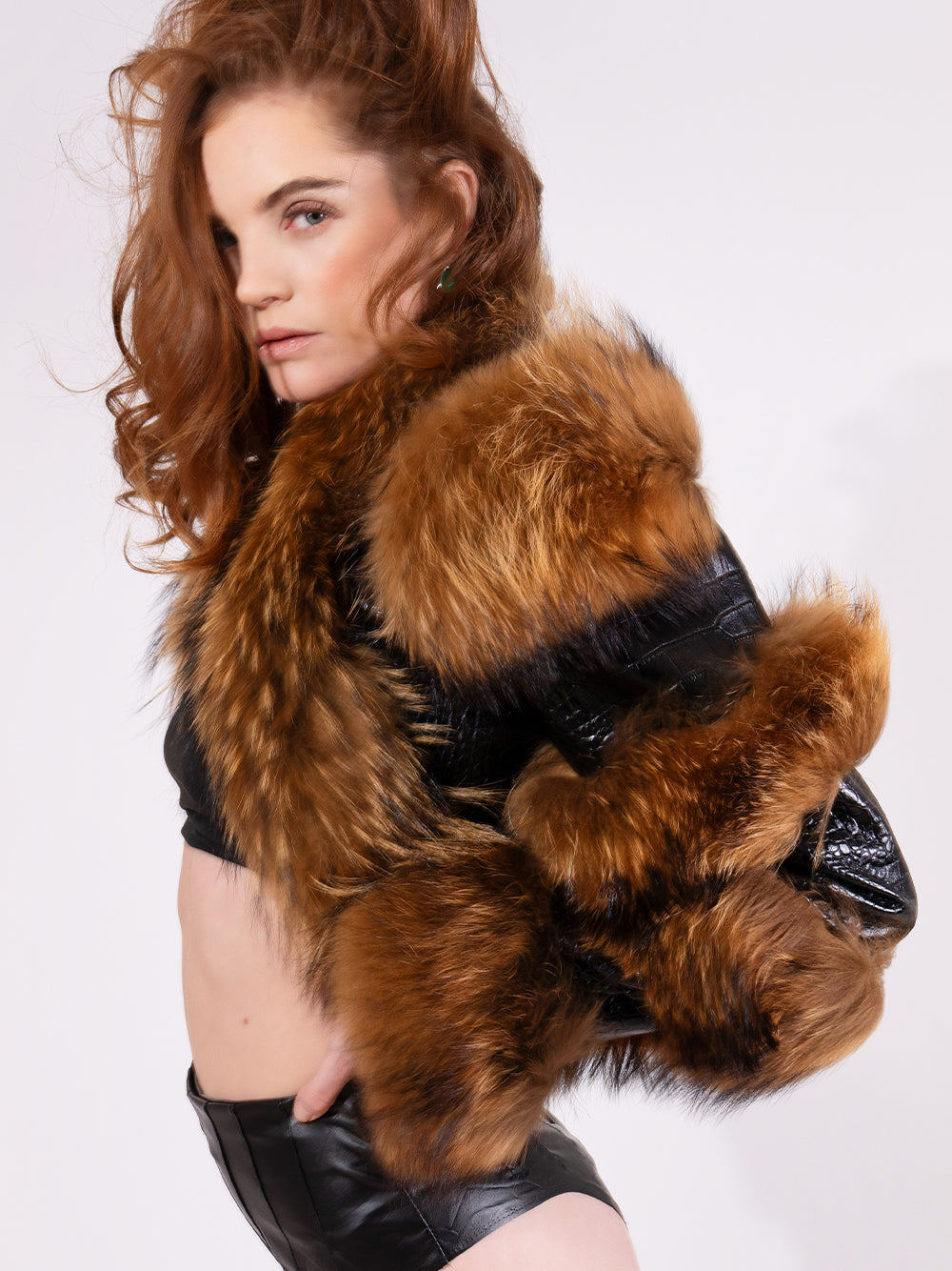 Black Brown Faux Fur Leather Panel Long Sleeve Cropped Jacket 12