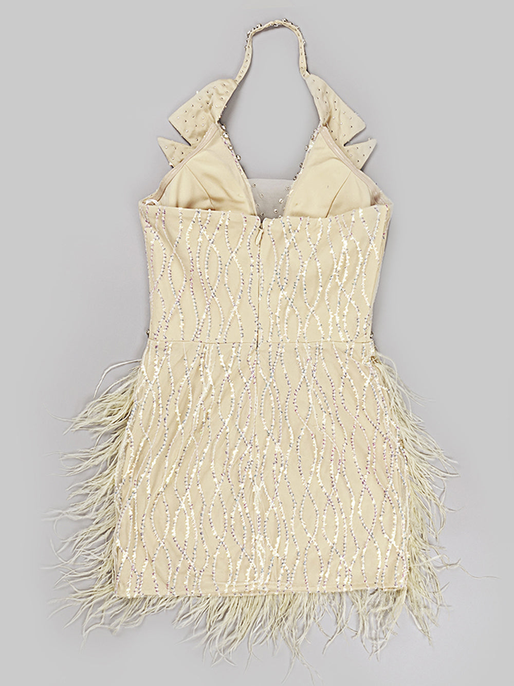 Beige Halter Neck Rhinestone Feather Skirt Bodycon Mini Dress