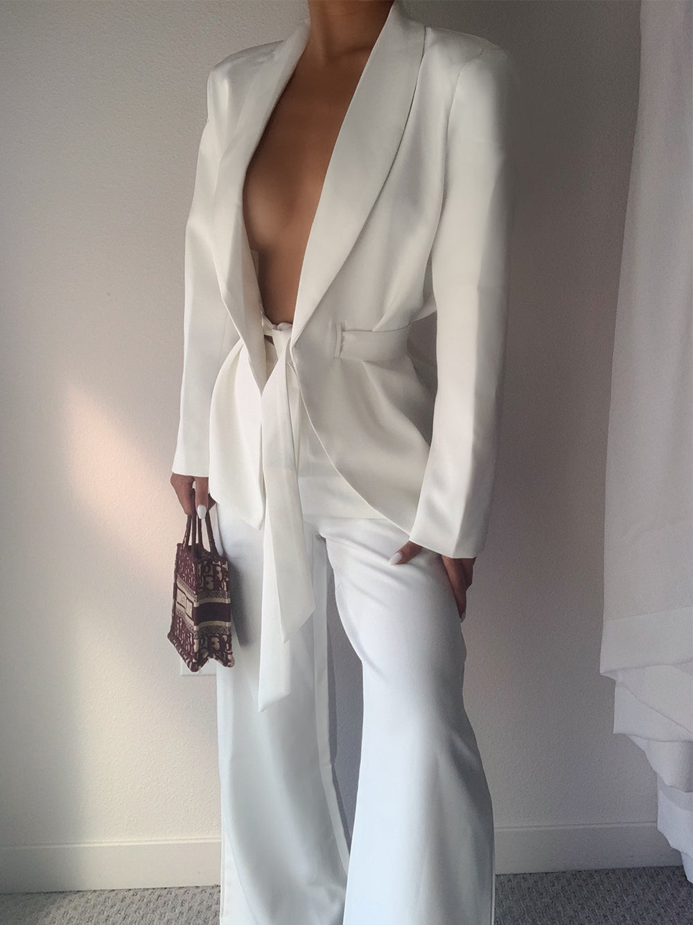 White Shawl Collar Tie Waist Blazer And Tie-Cuff Trouser Set
