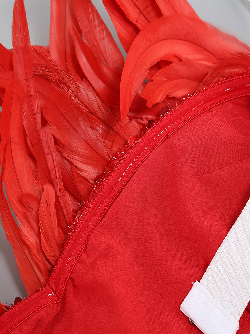 Red Strapless Sequin Feather Trim Bodycon Mini Dress