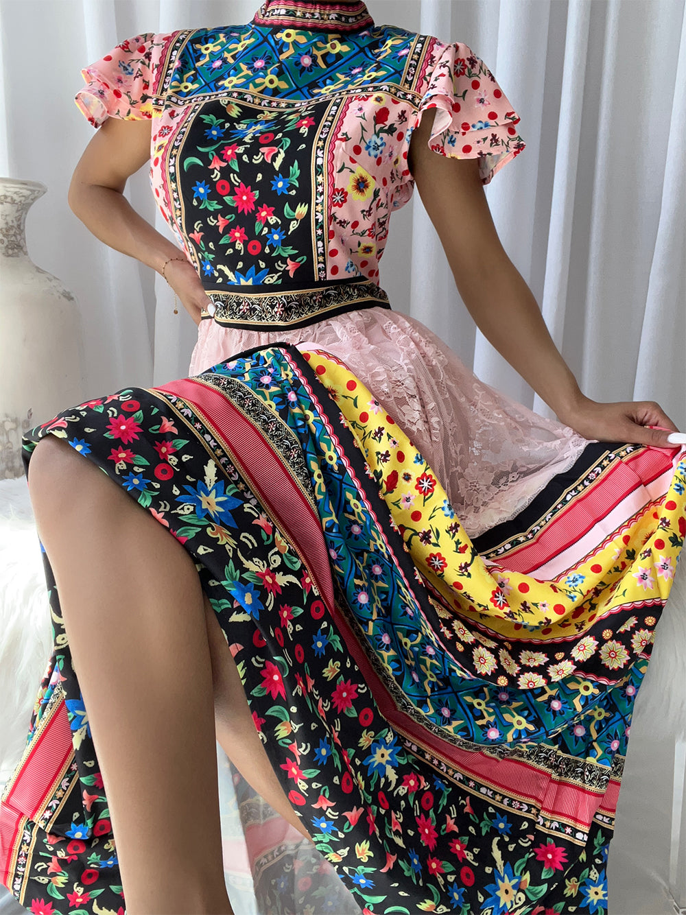 Pink Mock Neck Floral Patchwork Flutter Sleeve Lace Tiered A-Line Maxi Dress