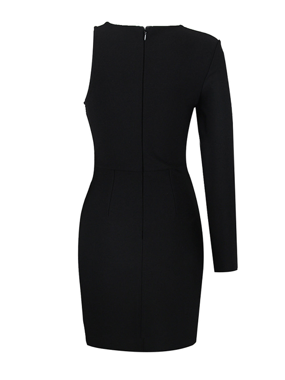 Black One Shoulder Rhinestone Mesh Cutout Long Sleeve Bodycon Mini Dress