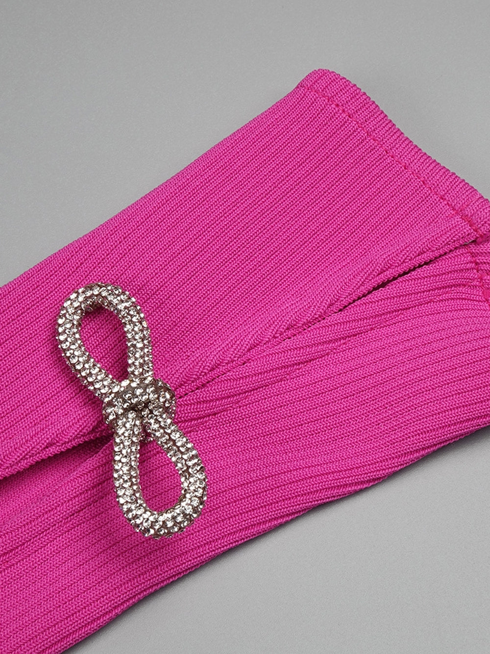 Fuchsia Round Neck Rhinestone Bow Cutout Ribbed High Slit Maxi Dress 12