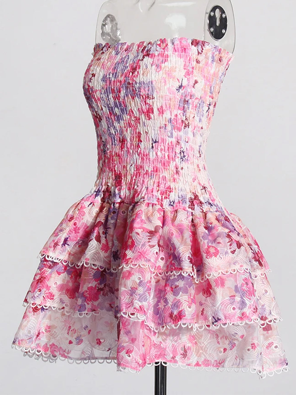 Pink Strapless Shirred Floral Tiered Ruffle Scalloped Trim Mini Dress 8