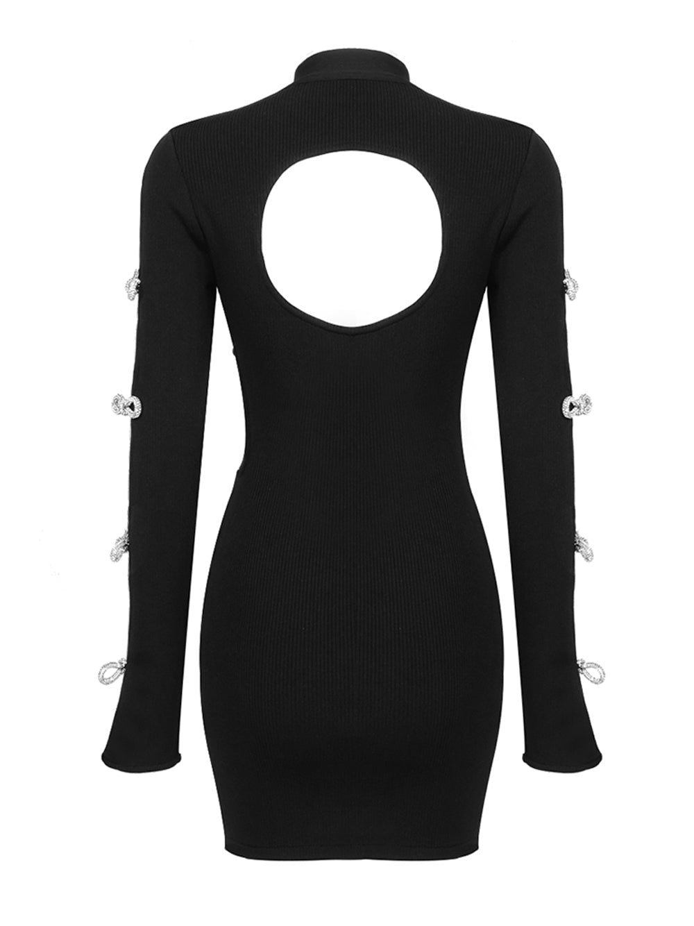 Black Mock Neck Long Sleeve Rhinestone Bow Cutout Ribbed Knit Mini Dress