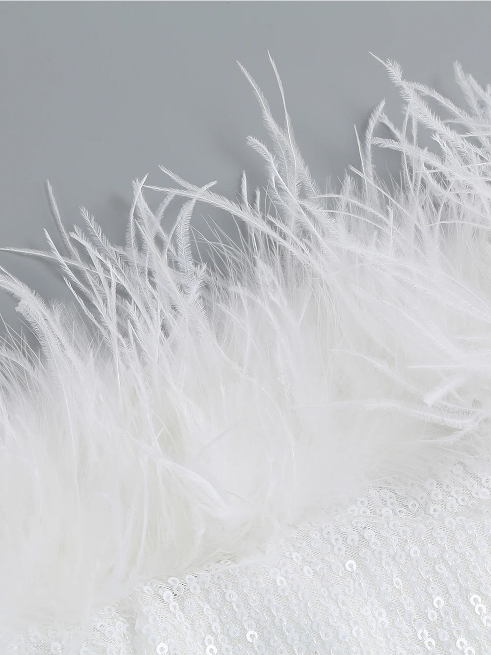 White Strapless Feather Trim Sequin High Slit Bodycon Maxi Dress 10