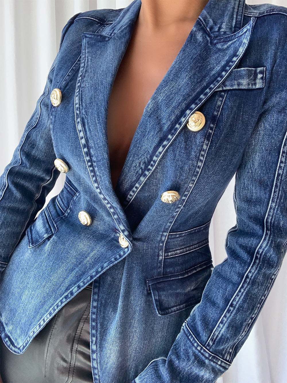 Denim Peak Lapel Double-Breasted Gold Button Denim Blazer