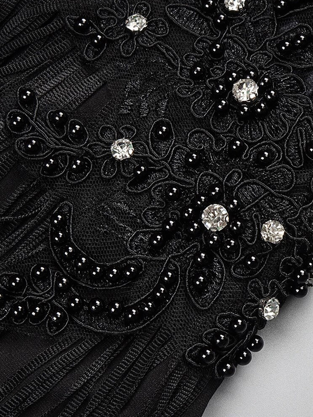 Black Strapless Feather Beaded Applique Fringe Bodycon Mini Dress