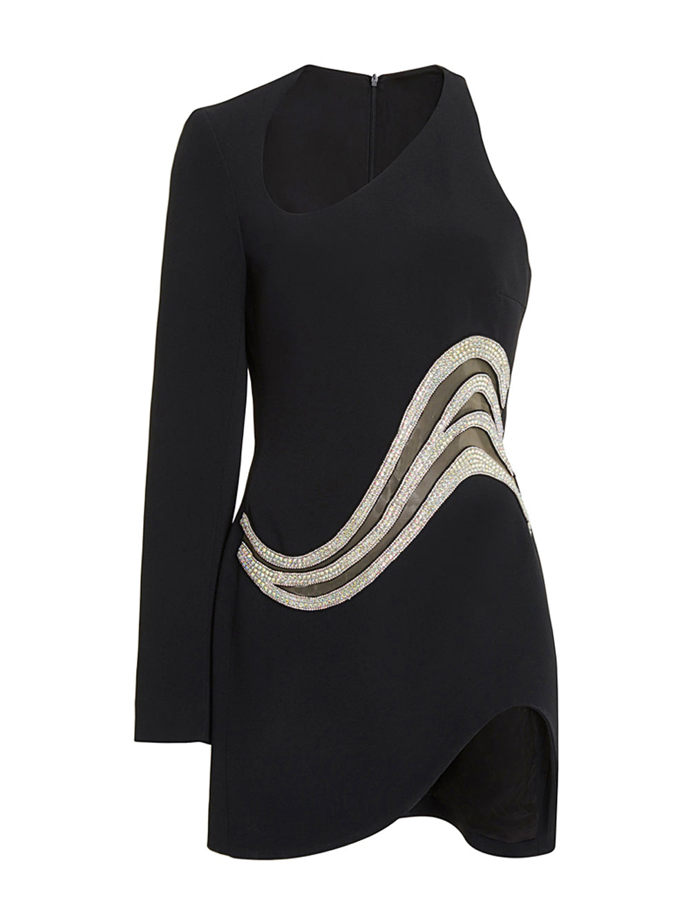 Black One Shoulder Rhinestone Mesh Cutout Long Sleeve Bodycon Mini Dress