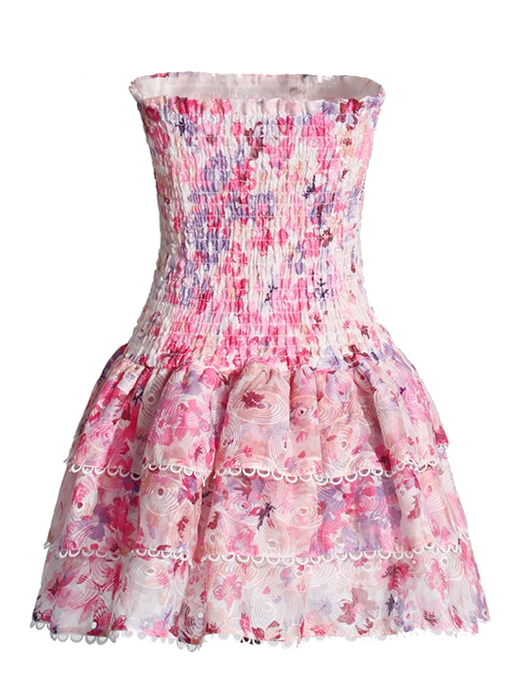 Pink Strapless Shirred Floral Tiered Ruffle Scalloped Trim Mini Dress 6