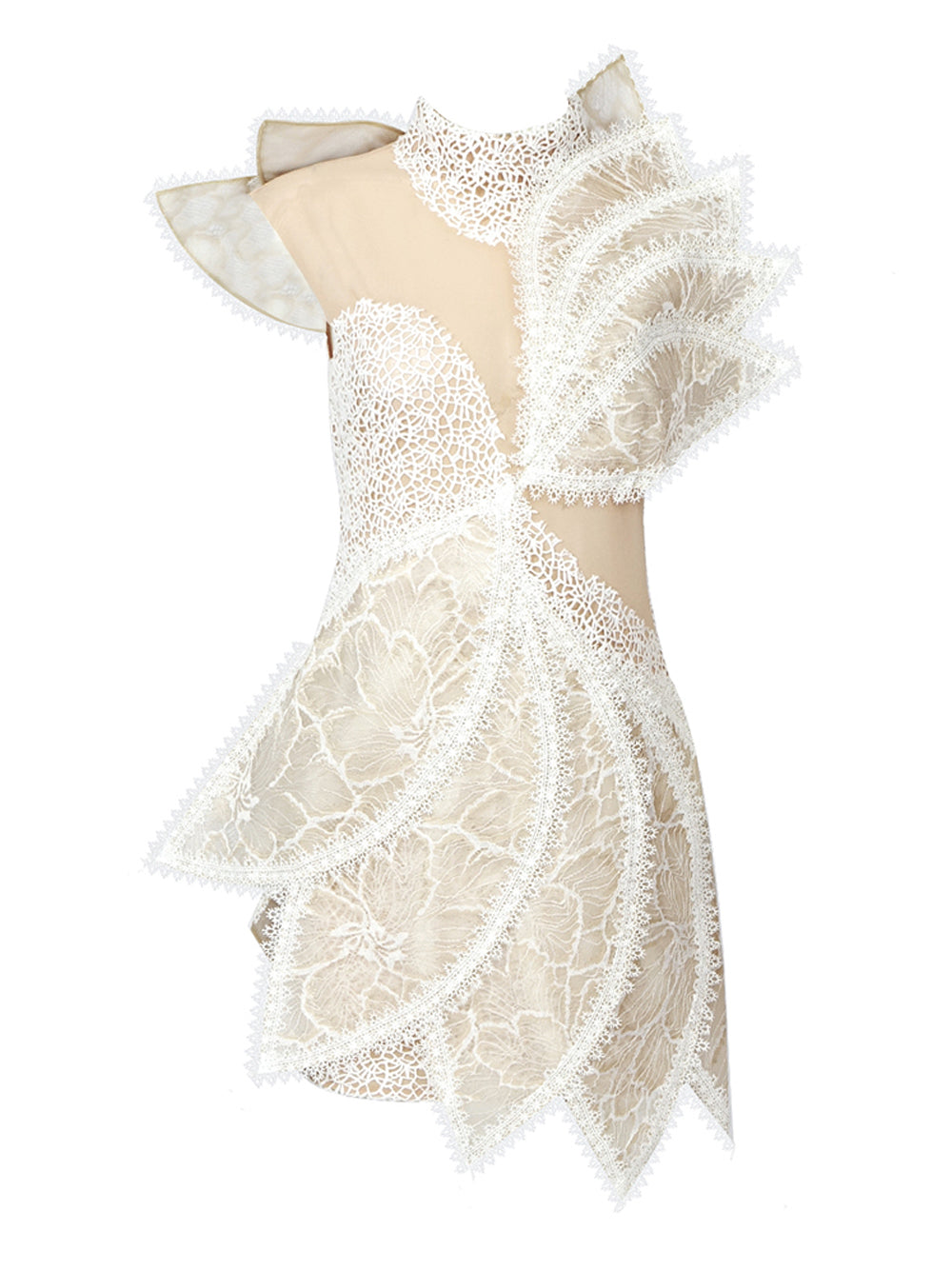 Beige High Neck Floral Lace Ruffle Illusion Mesh Mini Dress