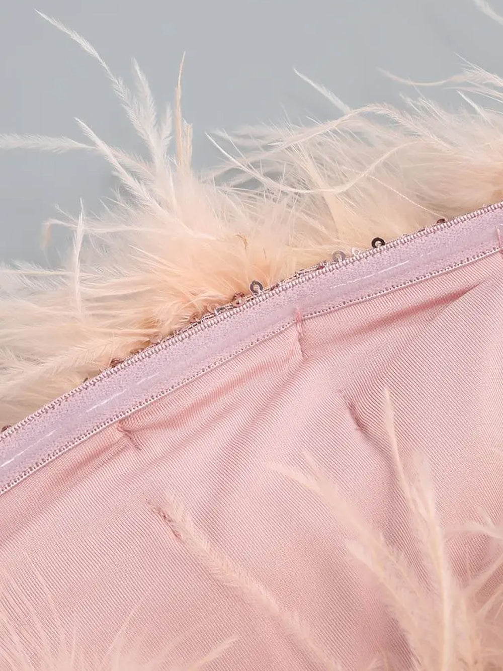Pink Strapless Feather Trim Sequin Bodycon Mini Dress