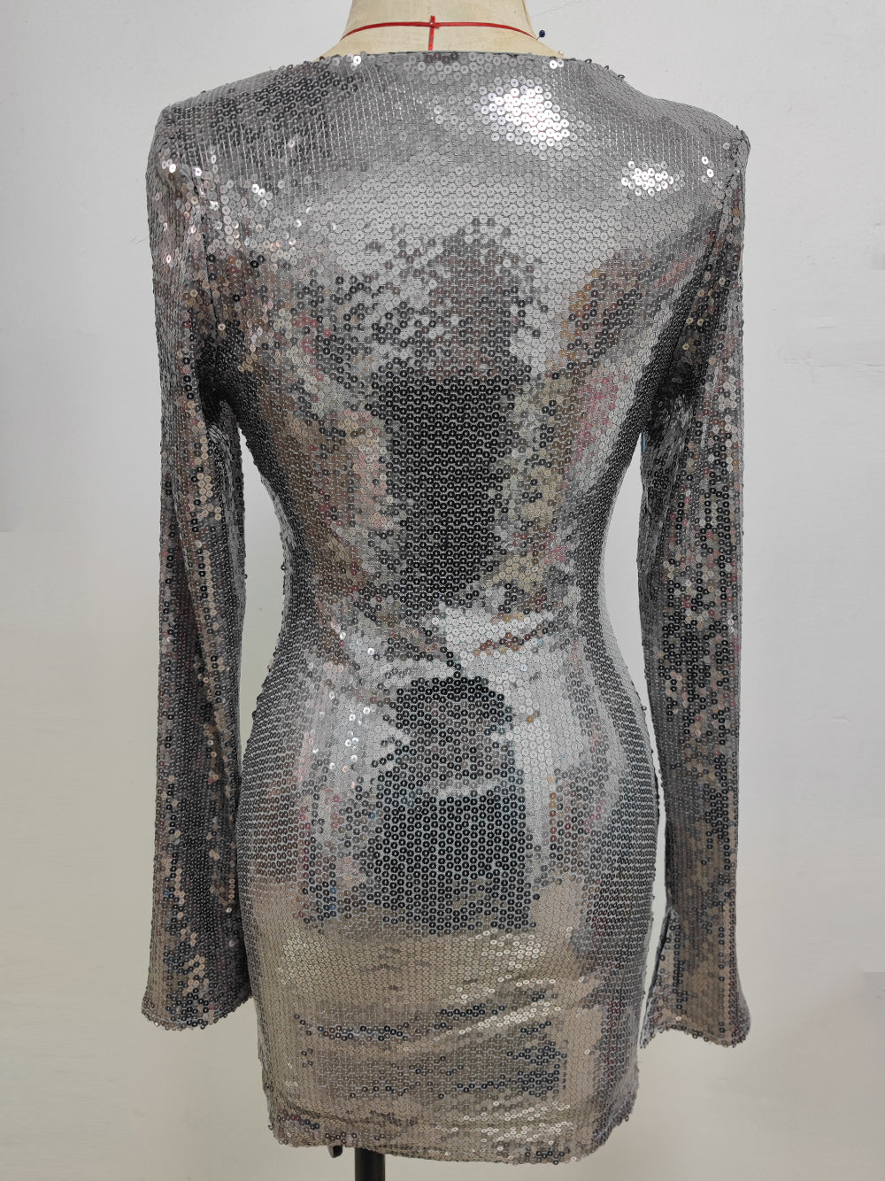 Silver Plunge Neck Sequin Long Sleeve Bodycon Mini Dress