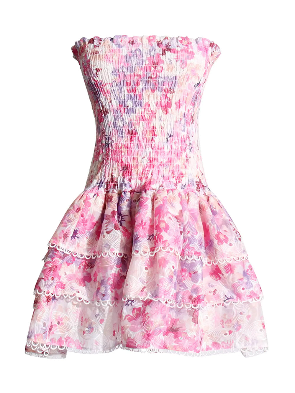 Pink Strapless Shirred Floral Tiered Ruffle Scalloped Trim Mini Dress 5