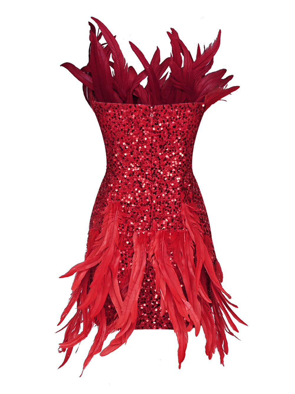 Red Strapless Sequin Feather Trim Bodycon Mini Dress