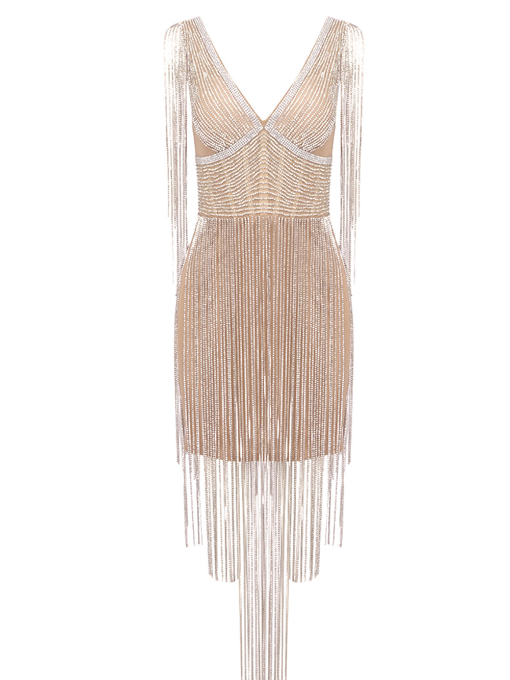 Beige V-Neck Rhinestone Tassel Fringe Bodycon Mini Dress