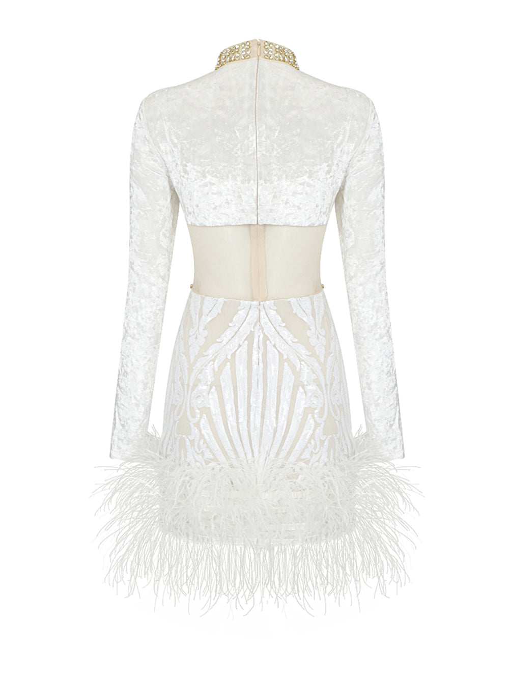 White High Neck Rhinestone Illusion Lace Feather Hem Bodycon Mini Dress