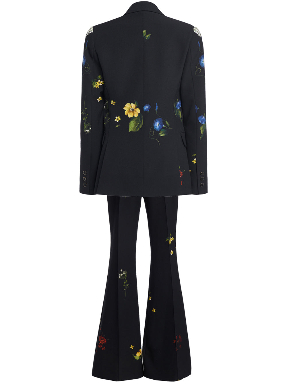 Black Floral Print Lapel Blazer and Flared Pants Set