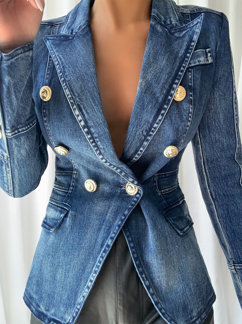 Denim Peak Lapel Double-Breasted Gold Button Denim Blazer
