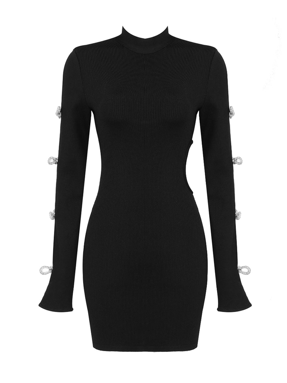 Black Mock Neck Long Sleeve Rhinestone Bow Cutout Ribbed Knit Mini Dress