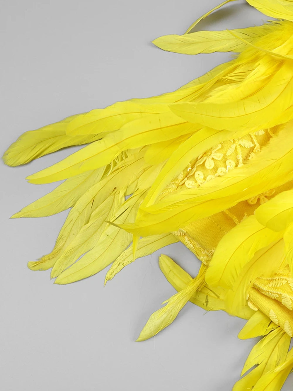 Yellow V-Neck Rhinestone Feather Embellished Bodycon Mini Dress