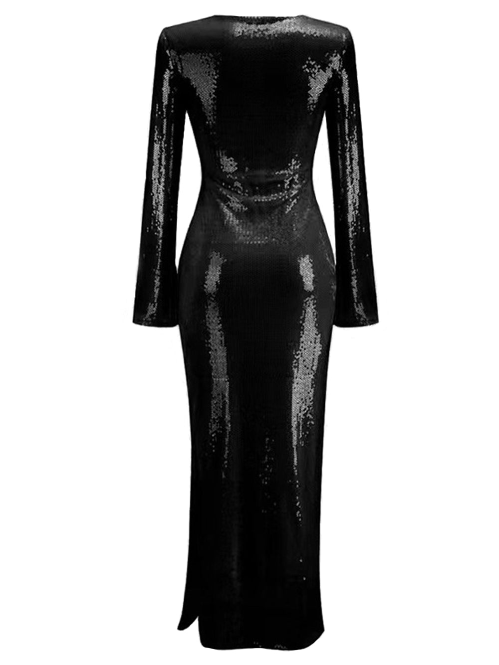 Black Plunge Neck Long Bell Sleeve Sequin Bodycon Maxi Dress