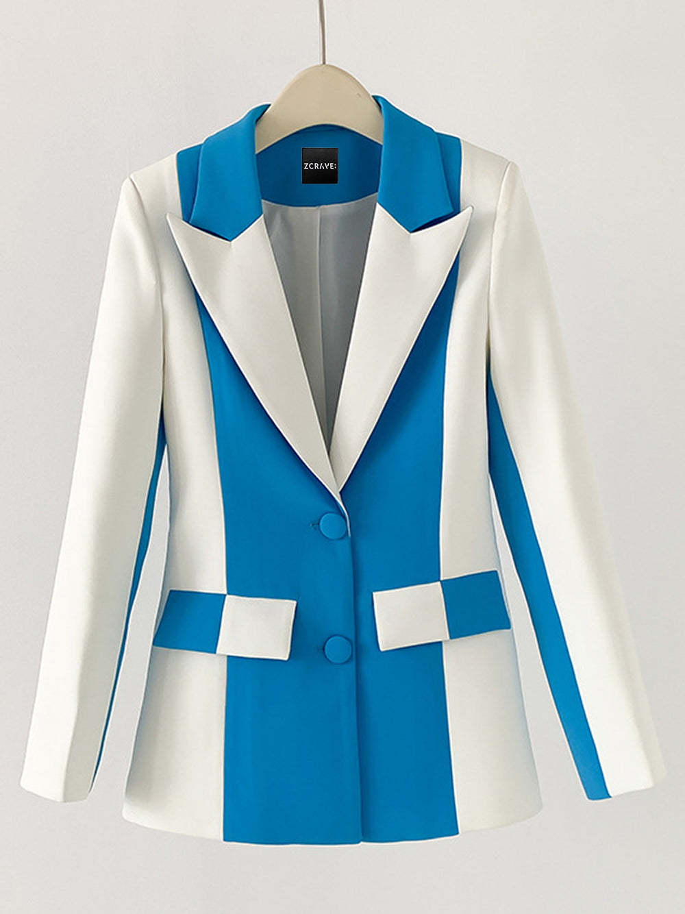 Blue Notch Lapel Colorblock Blazer and Slim Pants Set