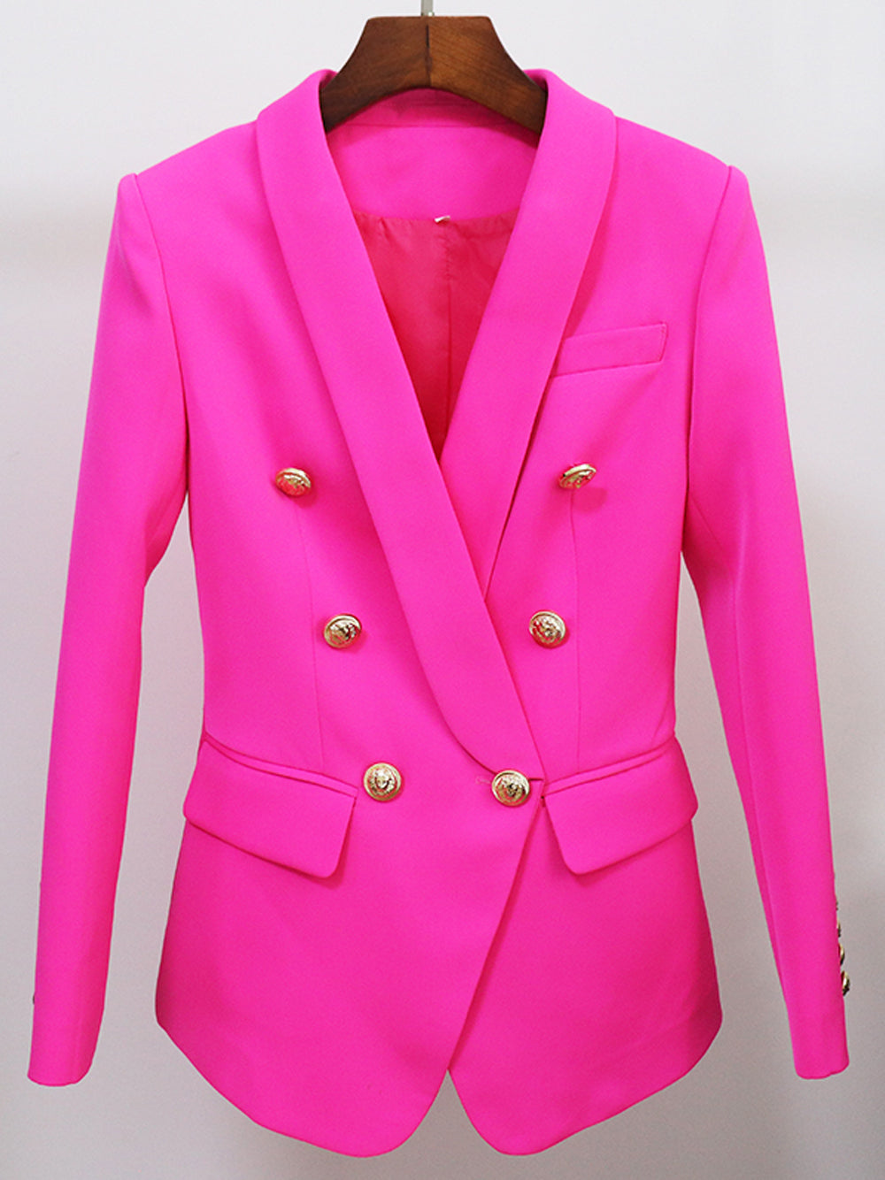 Fuchsia Shawl Lapel Gold Button Double Breasted Fitted Blazer