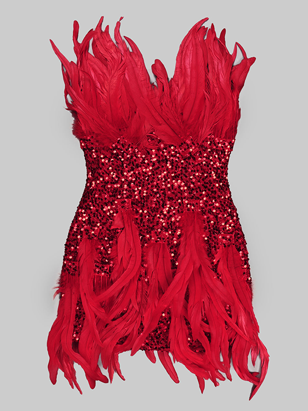 Red Strapless Sequin Feather Trim Bodycon Mini Dress