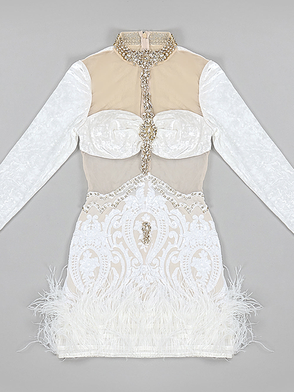 White High Neck Rhinestone Illusion Lace Feather Hem Bodycon Mini Dress