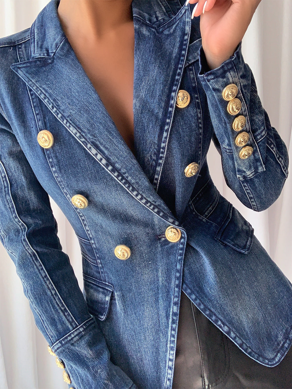 Denim Peak Lapel Double-Breasted Gold Button Denim Blazer