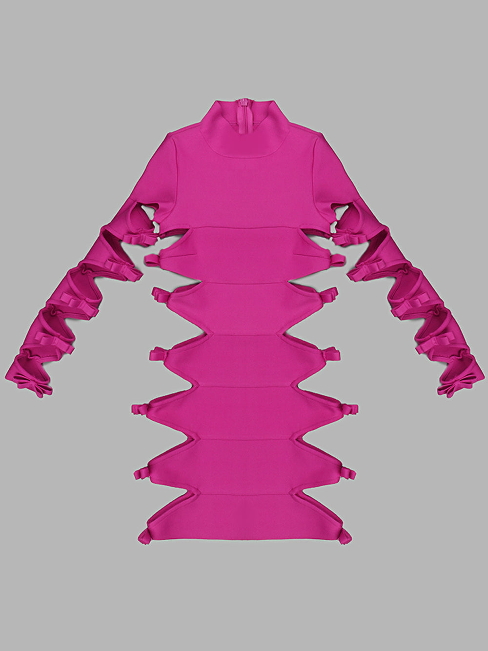 Fuchsia High Neck Bow Cutout Long Sleeve Bandage Bodycon Mini Dress