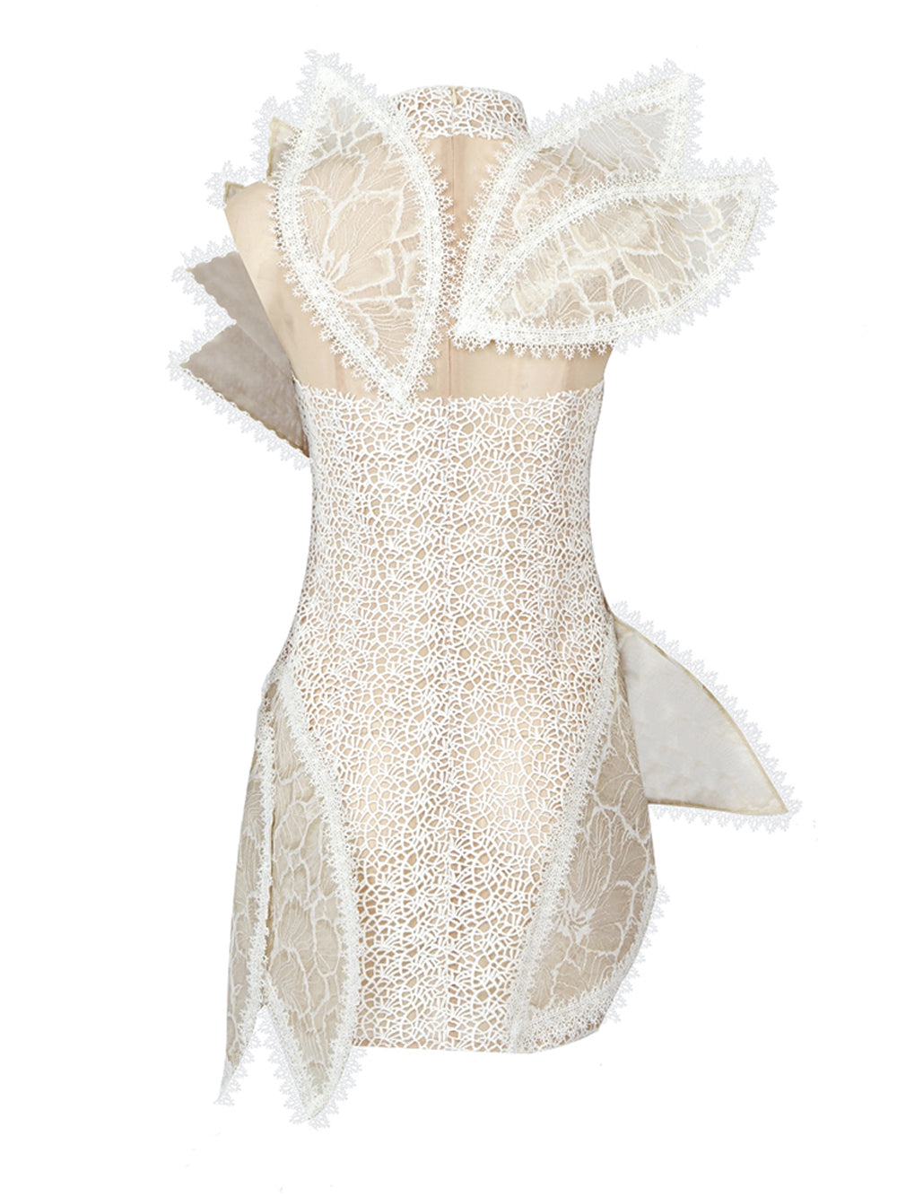 Beige High Neck Floral Lace Ruffle Illusion Mesh Mini Dress