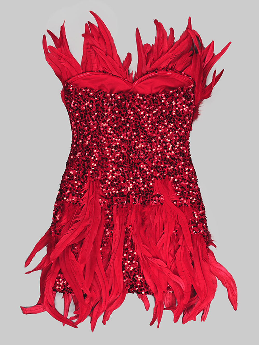Red Strapless Sequin Feather Trim Bodycon Mini Dress