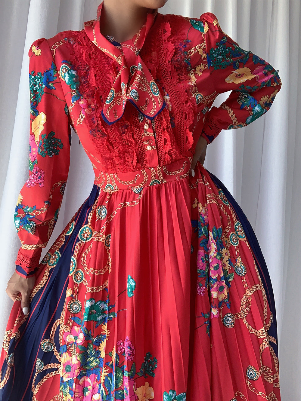 Red Bow Tie Neck Long Sleeve Floral Lace Pleated A-Line Midi Dress