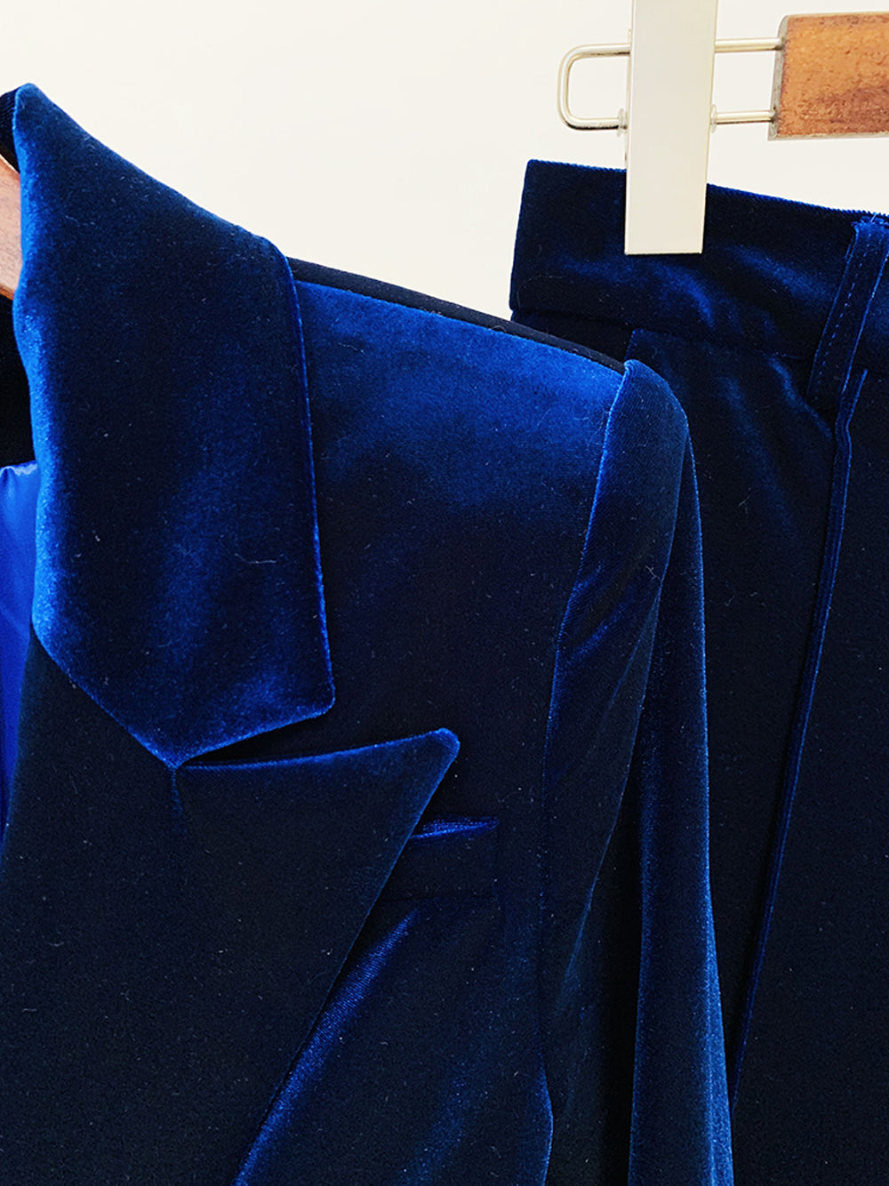 Navy Blue Peak Lapel Plunge Velvet Blazer And Flared Pants Set