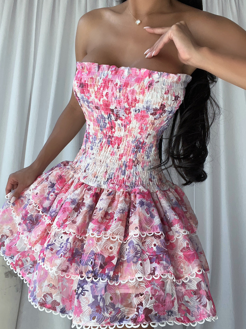 Pink Strapless Shirred Floral Tiered Ruffle Scalloped Trim Mini Dress