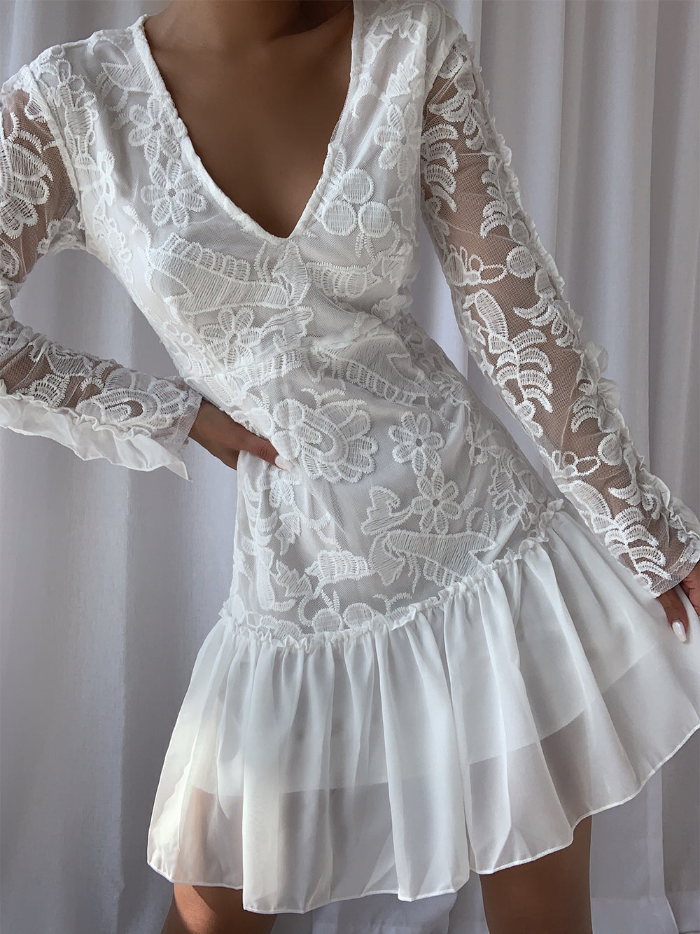 White V-Neck Floral Lace Long Sleeve Ruffle Hem Mini Dress