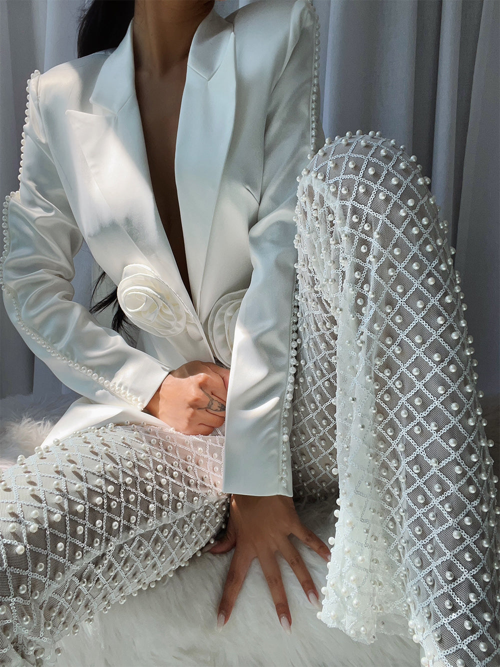 White Rosette Applique Satin Blazer and Pearl Beaded Pants Set