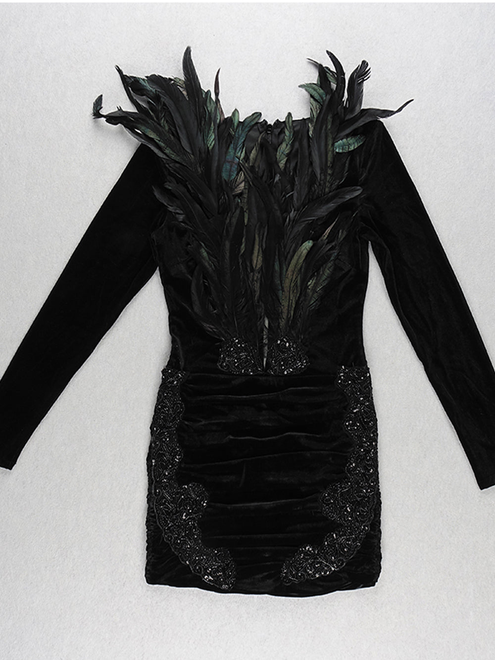 Black Off-Shoulder Feather Trim Velvet Beaded Ruched Bodycon Mini Dress