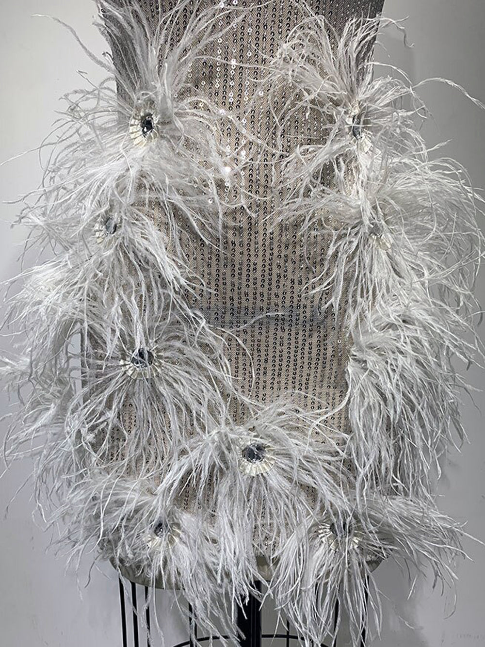 White Spaghetti Strap V-Neck Rhinestone Feather Trim Bodycon Mini Dress 10