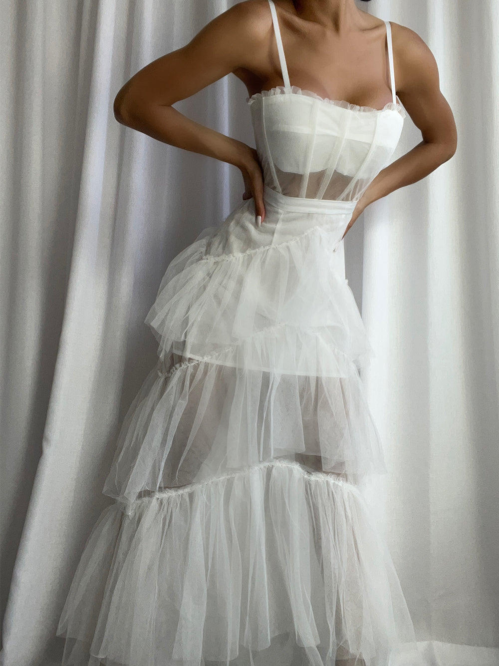 White Spaghetti Strap Straight Neck Corset Tiered Tulle Maxi Dress 5
